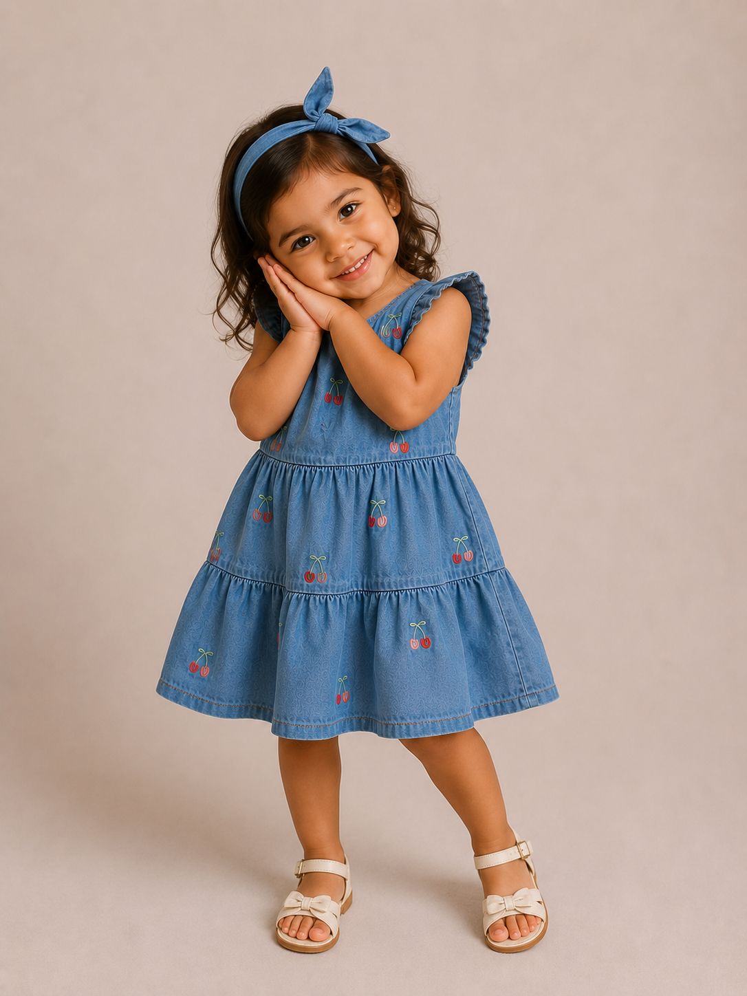 Vestido infantil jeans com bordado de cerejas e laço nas costas