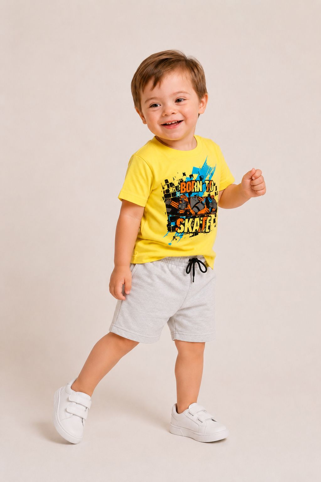 Conjunto infantil masculino Skate: camiseta amarela com estampa Born to Skate e bermuda cinza mescla