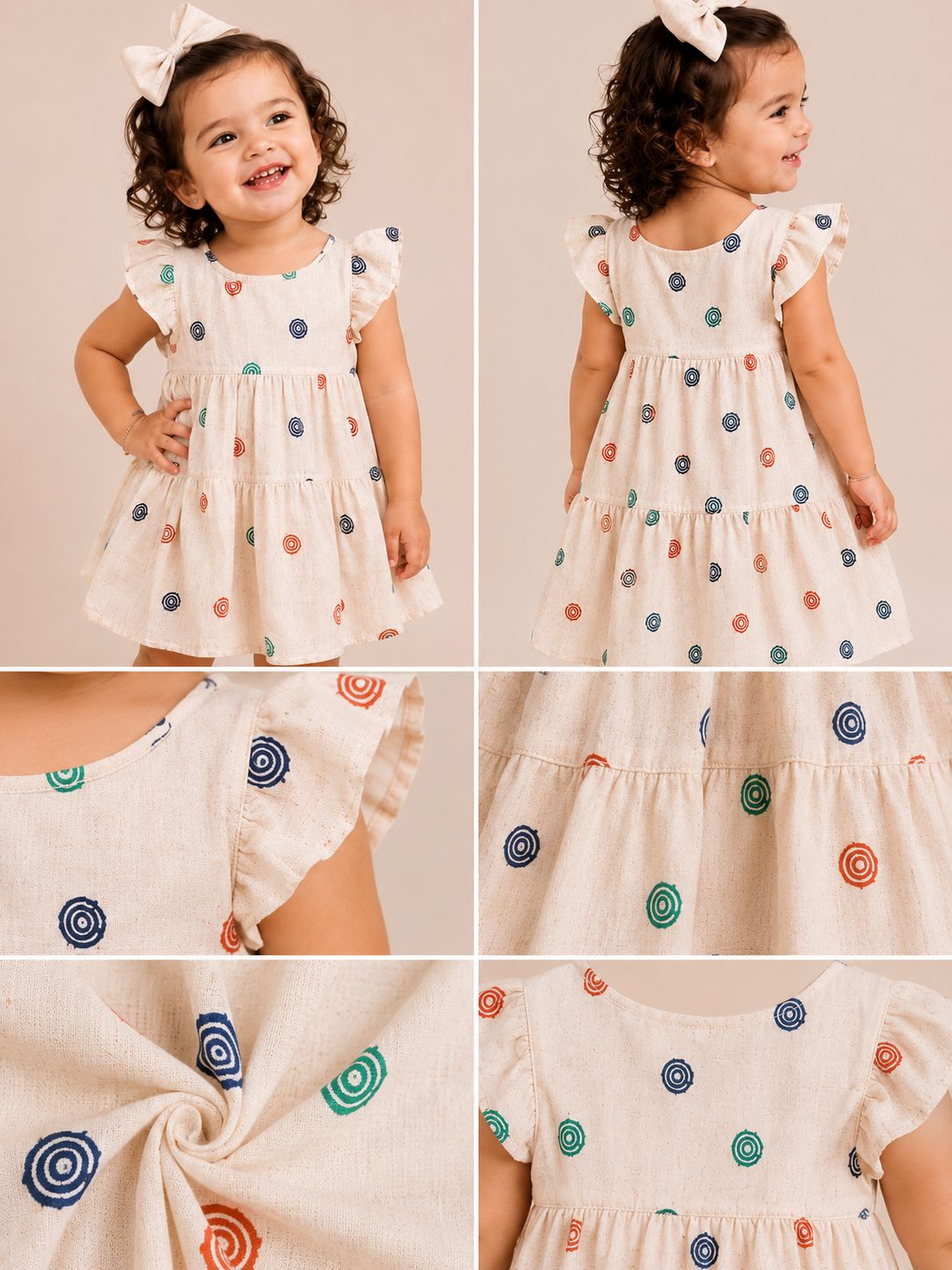 Vestido infantil bege com estampa de bolinhas coloridas e babado