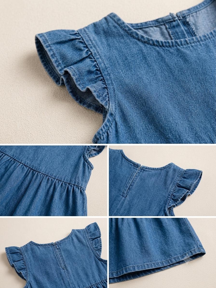 Vestido infantil jeans com babados nas alças e saia em camadas