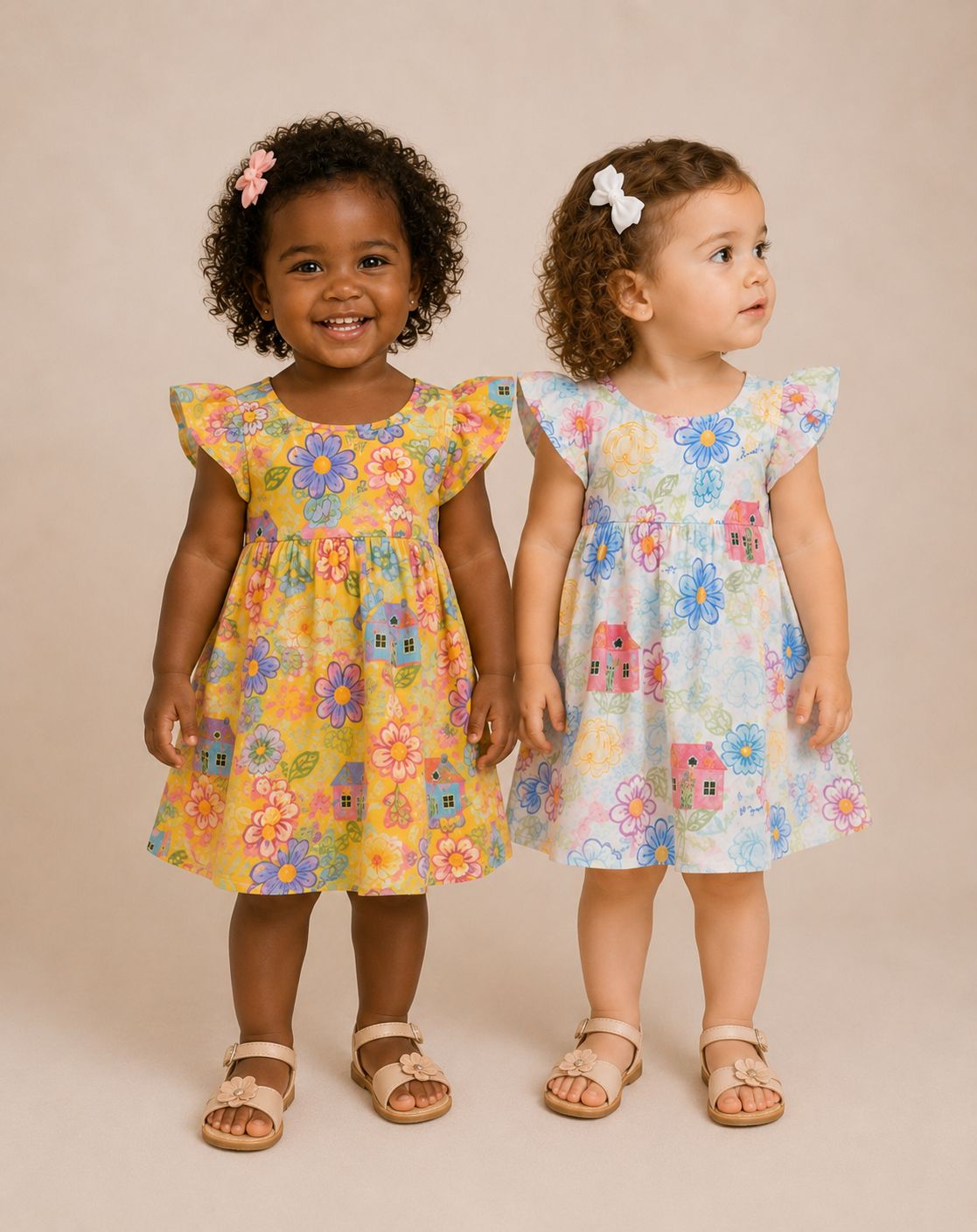 Vestido infantil floral com casinhas — disponível nas cores amarelo e branco
