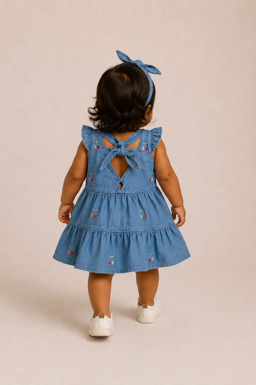 Vestido infantil jeans com bordado de cerejas e laço nas costas