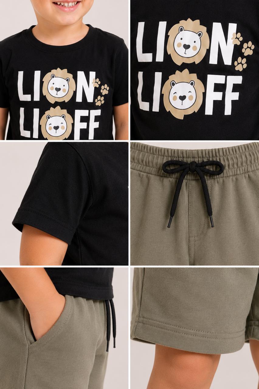 Conjunto infantil masculino Lion: camiseta preta com estampa Lion e bermuda verde militar em moletom