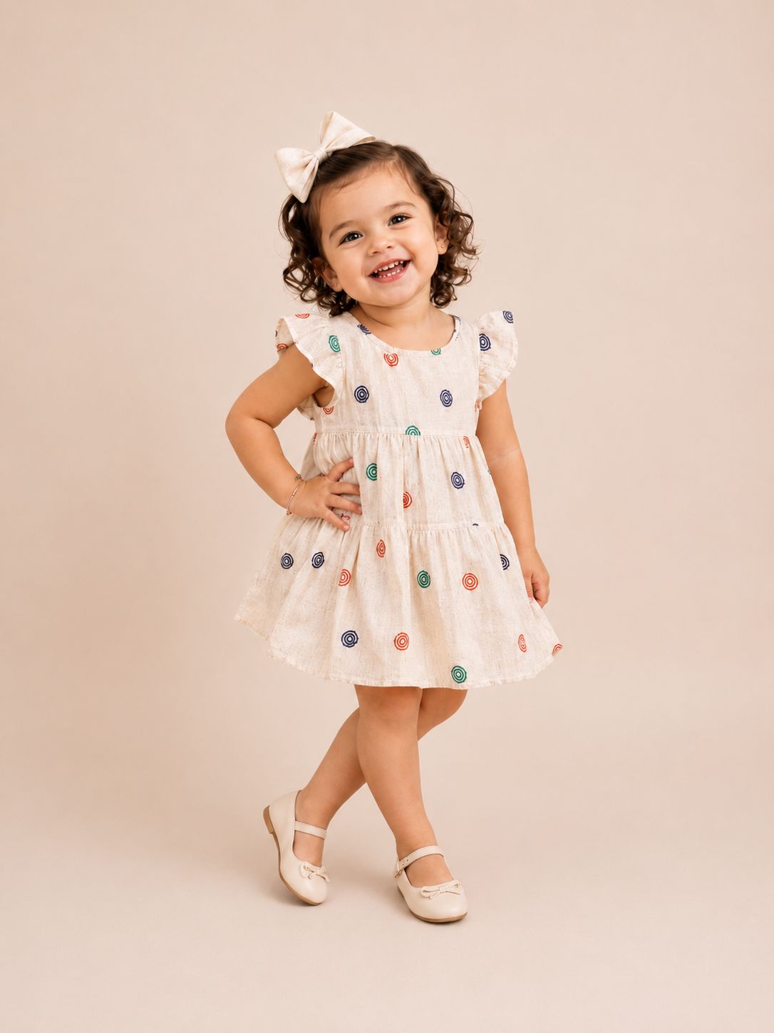 Vestido infantil bege com estampa de bolinhas coloridas e babado