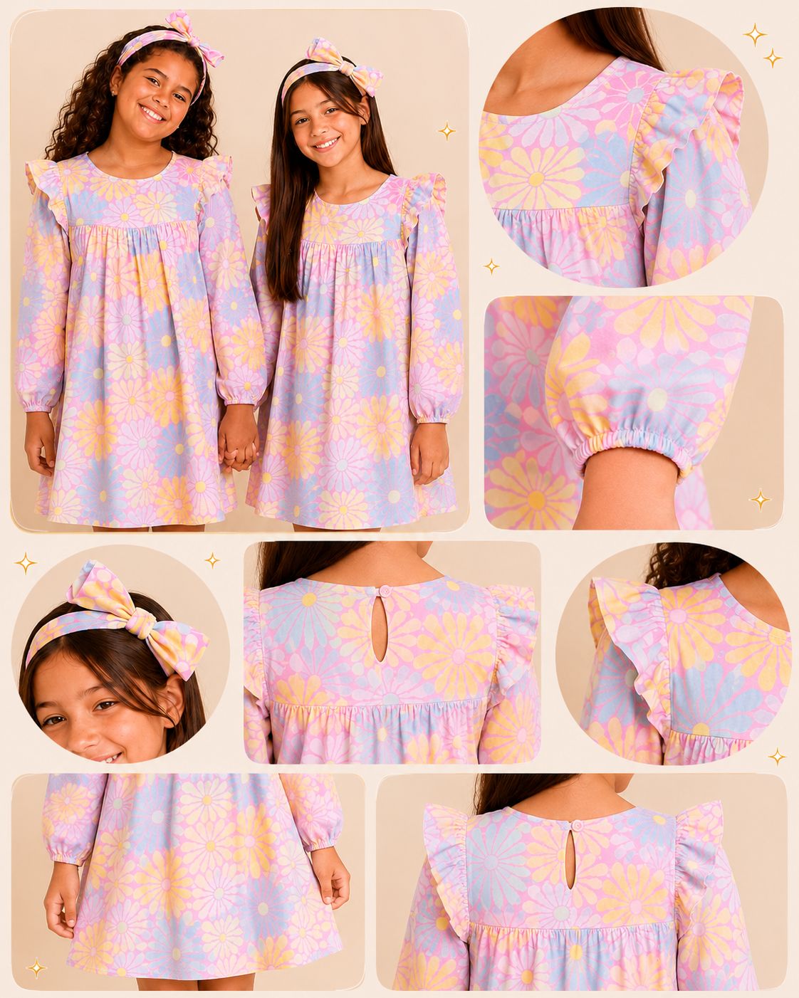 Vestido infantil floral colorido com manga longa e babado