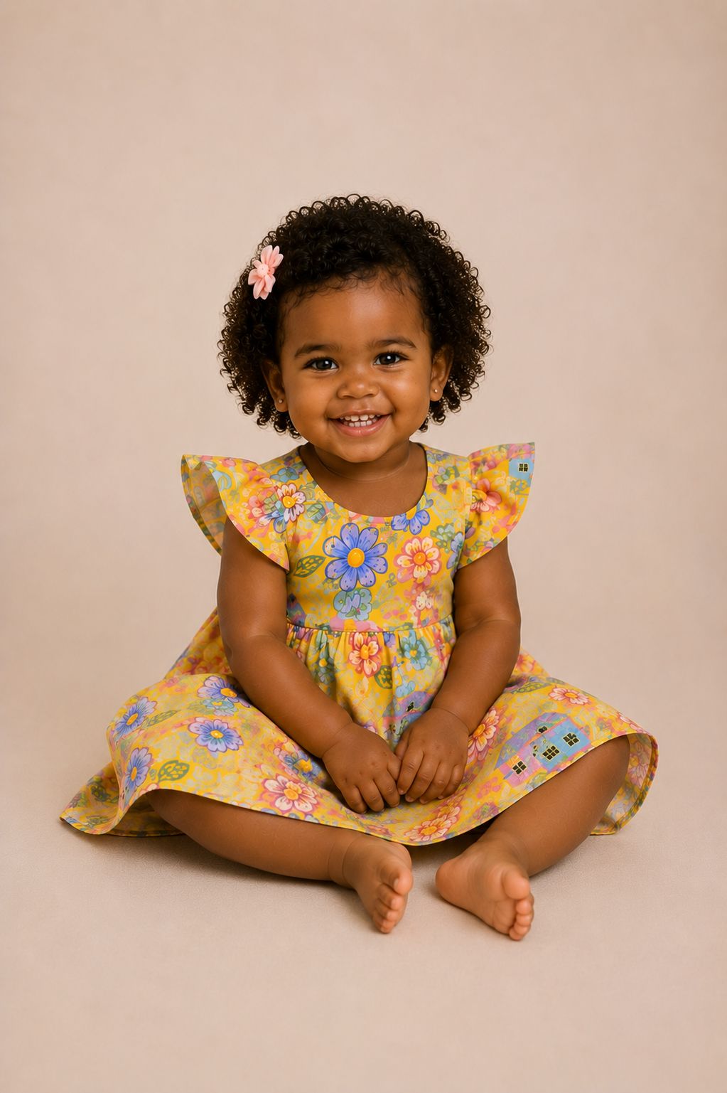 Vestido infantil floral com casinhas — disponível nas cores amarelo e branco