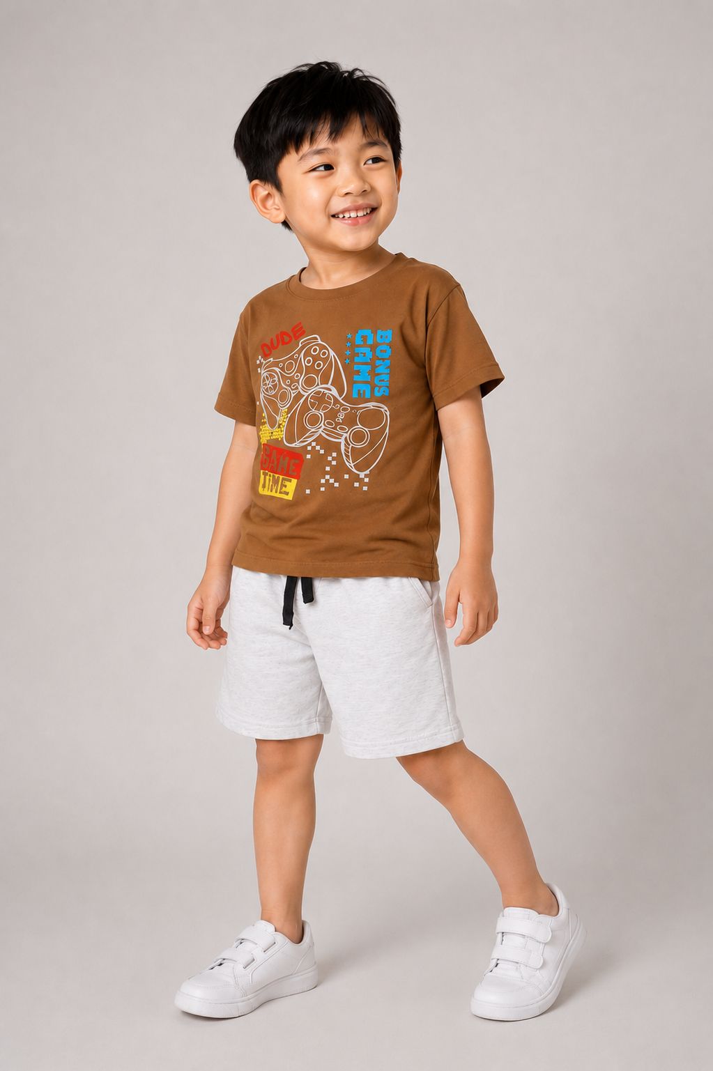 Conjunto infantil masculino Dude: camiseta marrom com estampa Bonus Game e bermuda cinza mescla