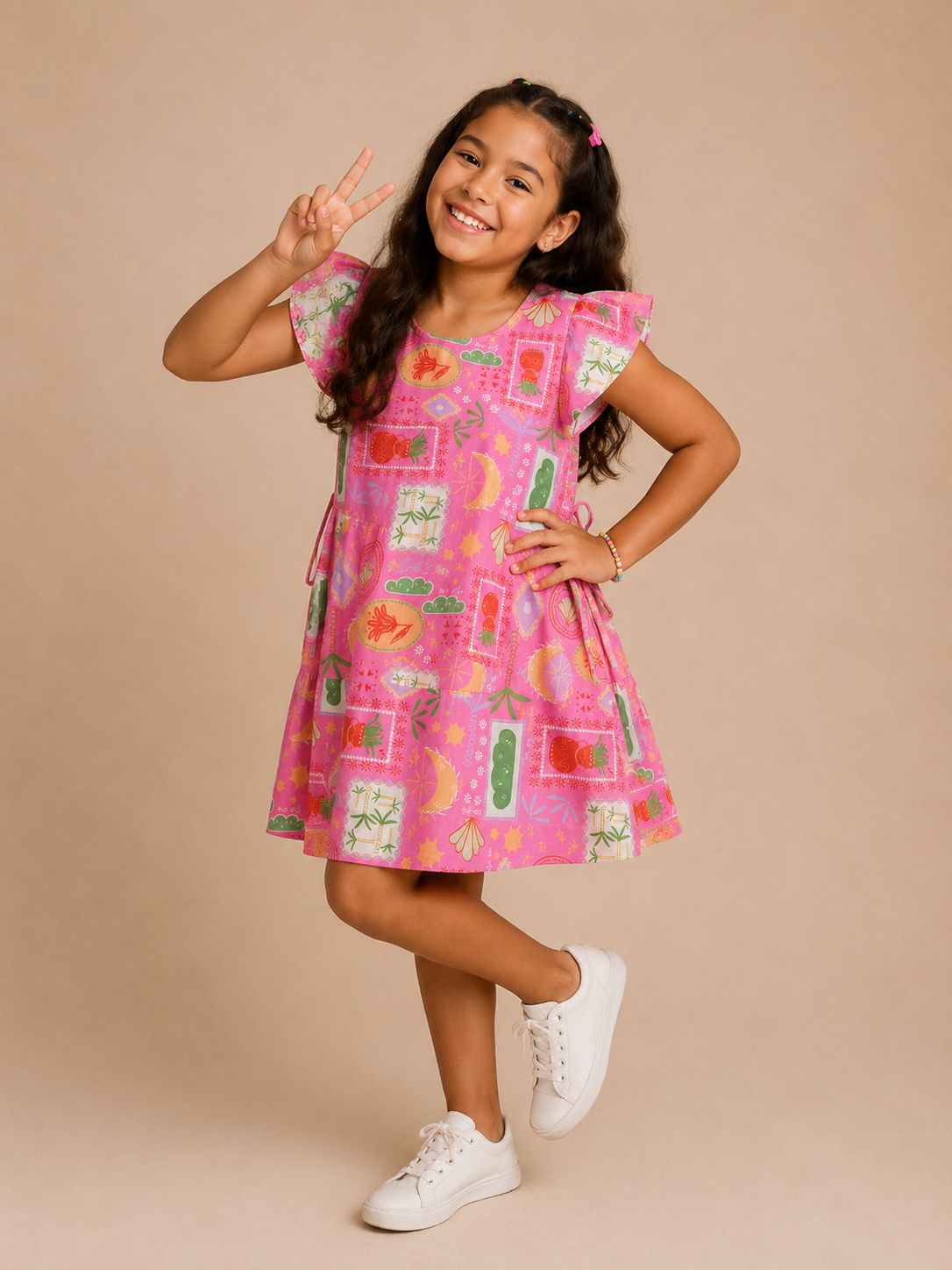 Vestido infantil rosa com estampa exclusiva colorida e manga curta soltinha