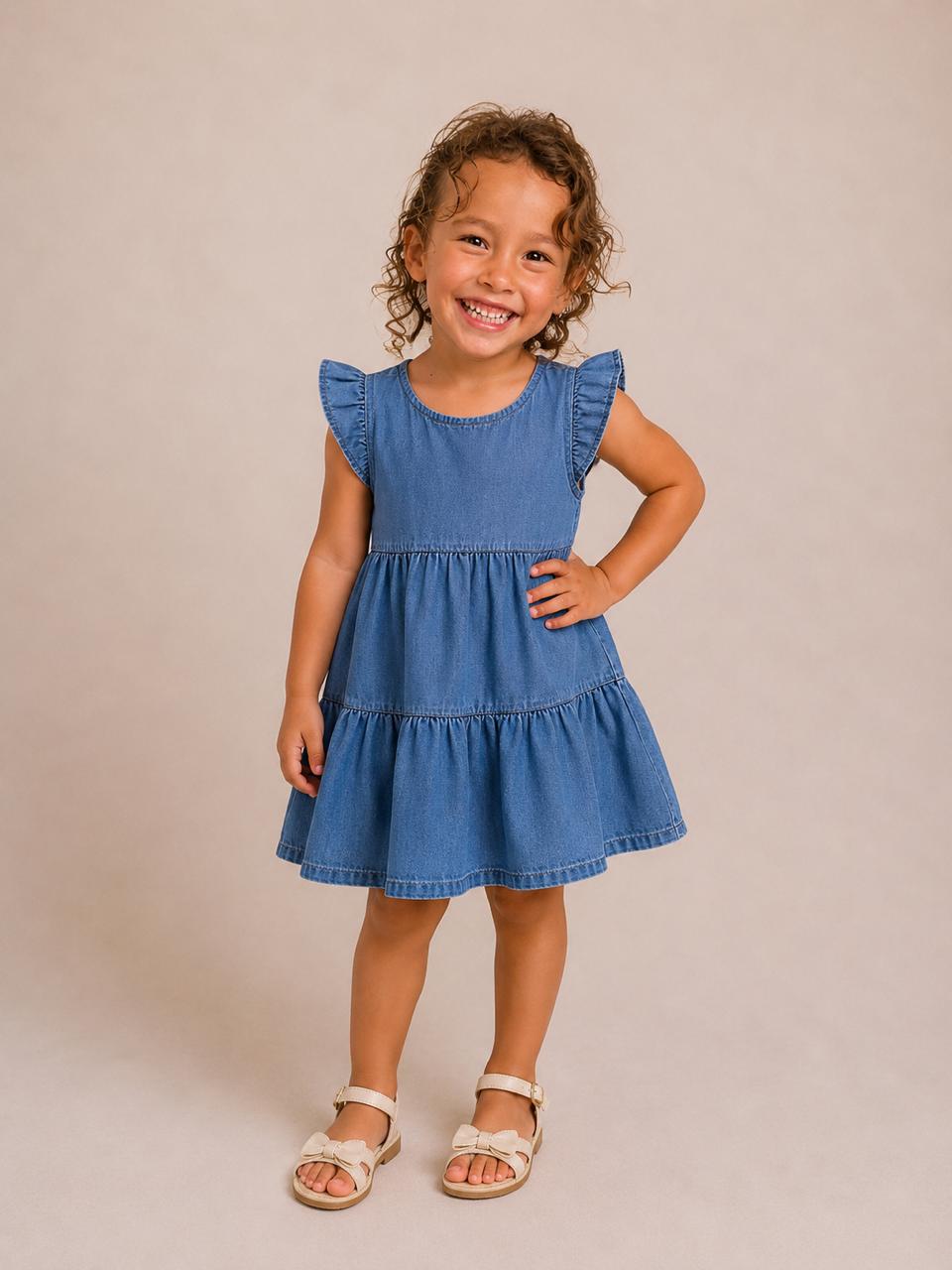 Vestido infantil jeans com babados nas alças e saia em camadas