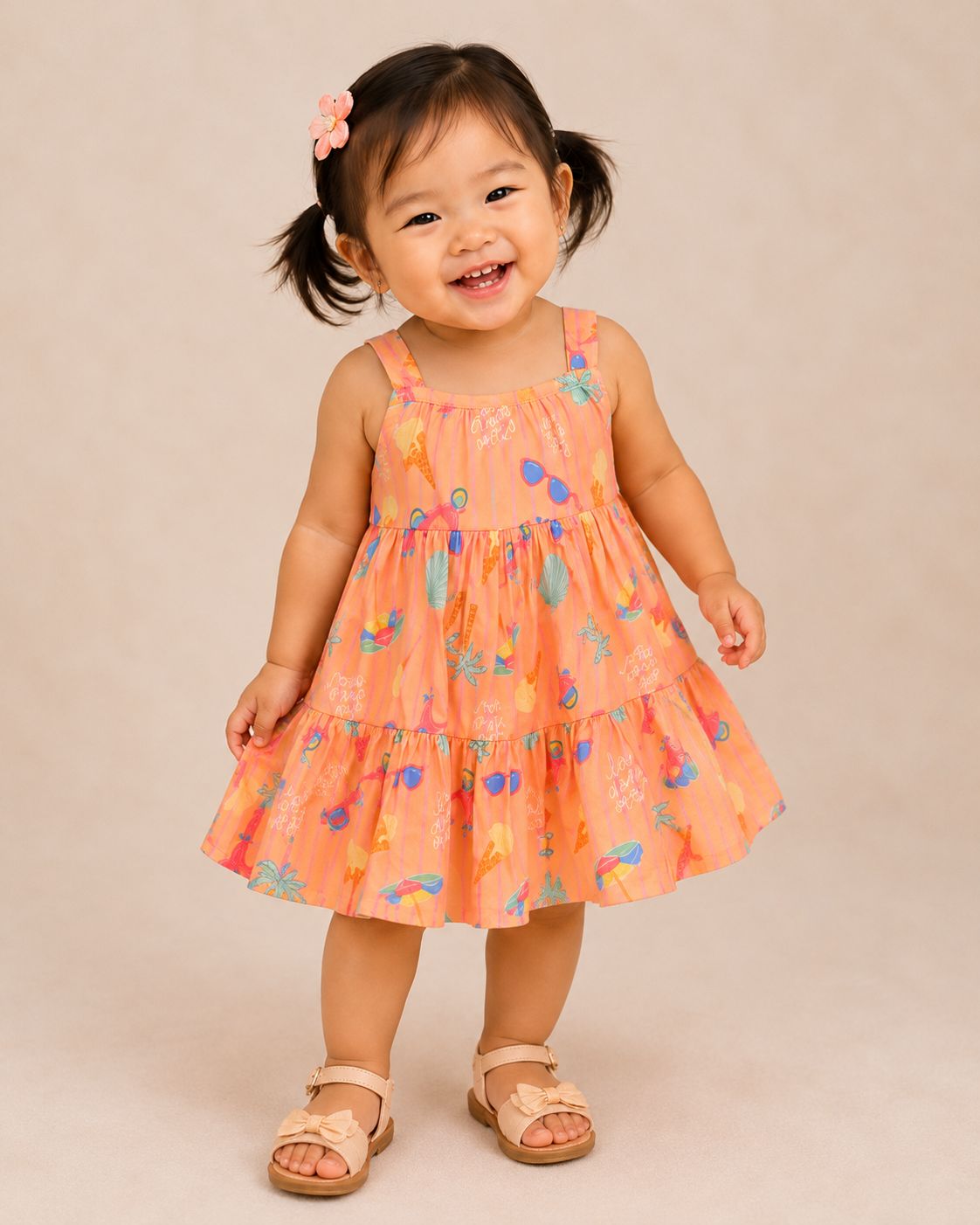 Vestido infantil laranja com estampa exclusiva de verão