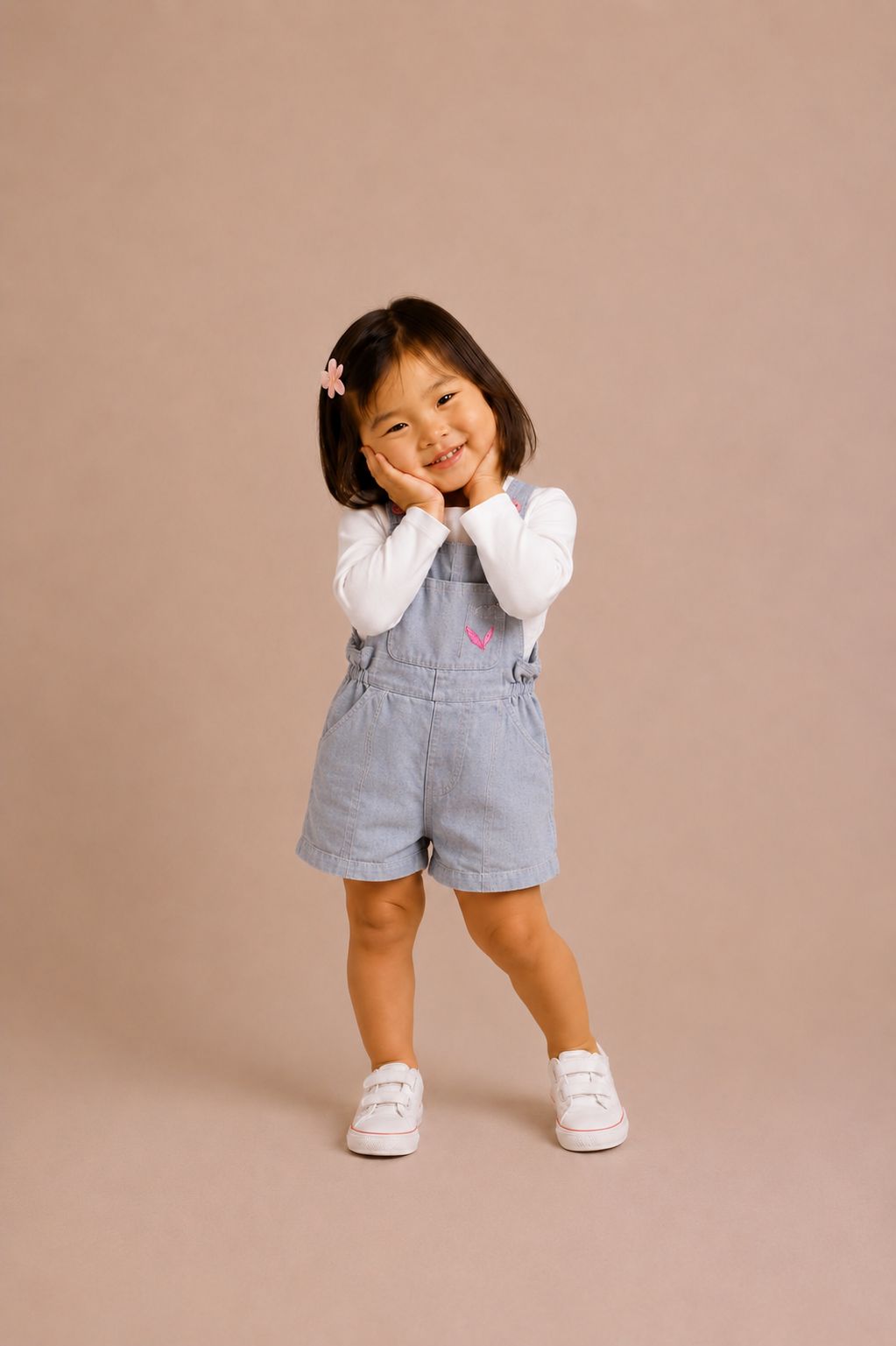 Jardineira infantil em jeans leve com bordado delicado e alças ajustáveis