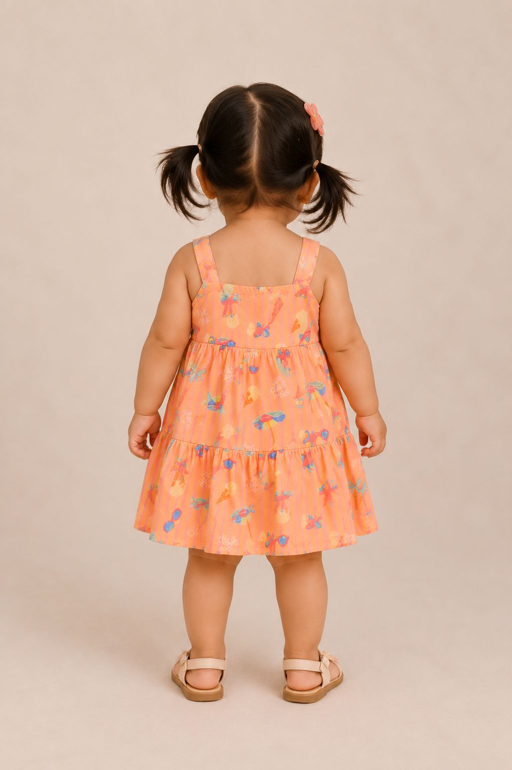 Vestido infantil laranja com estampa exclusiva de verão
